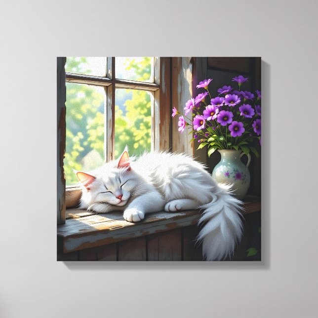 Lienzo Gato durmiendo en el alféizar | Flores púrpuras (Anverso)