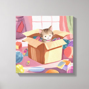 Lienzo Gato en caja de cartón   Gato de acuarela gatito