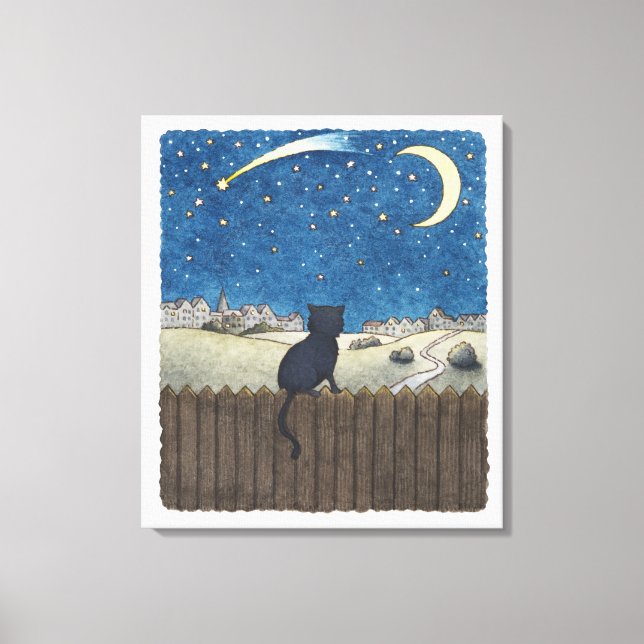 Lienzo Gato en una cerca mirando el cielo nocturno sobre  (Anverso)