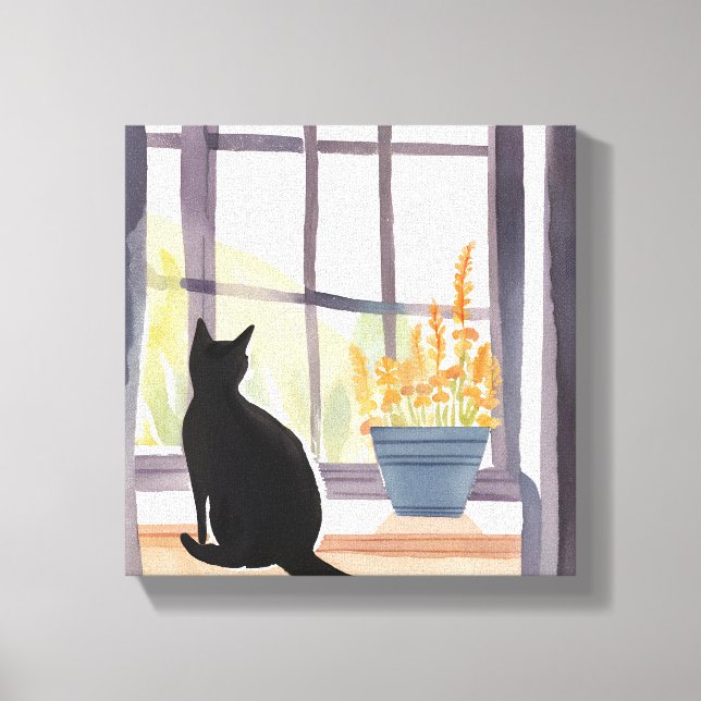 Lienzo Gato en Windowsill | Silhouette Watercolor (Anverso)
