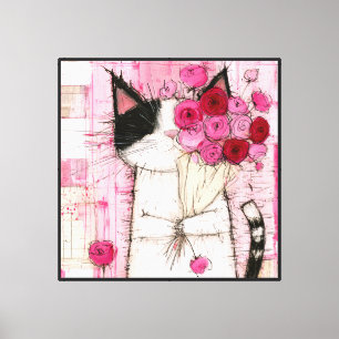 Lienzo Gato esmoquin sosteniendo ramo de rosas rosadas