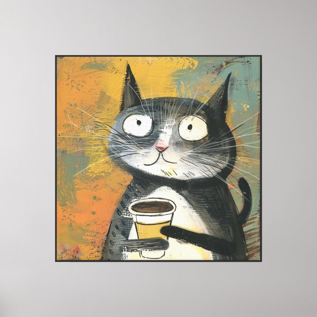 Lienzo Gato gris con café sobre ocre (Anverso)