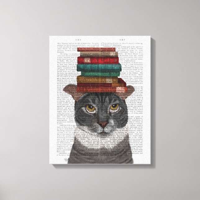 Lienzo Gato gris con libros en la cabeza (Anverso)