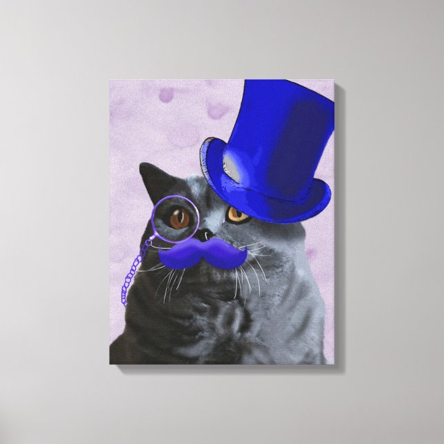 Lienzo Gato gris con sombrero azul superior y bigote (Anverso)