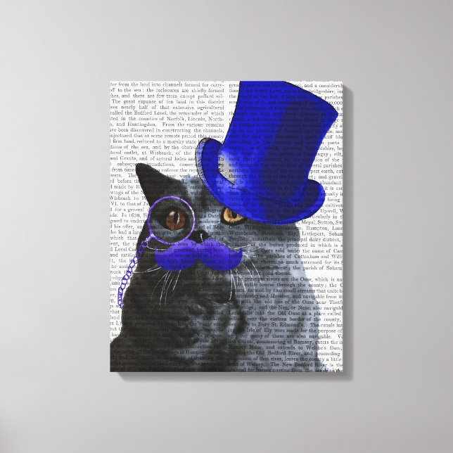 Lienzo Gato gris con sombrero azul superior y bigote azul (Anverso)