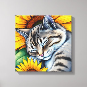 Lienzo Gato Gris Dulce Durmiendo y Girasoles