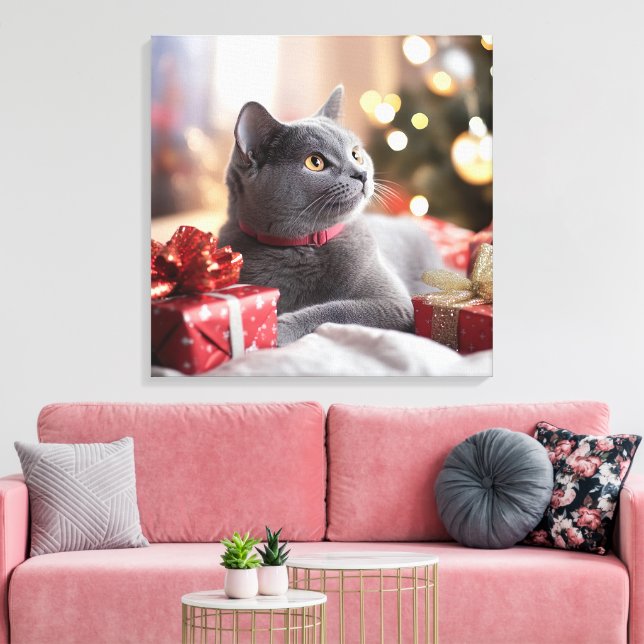 Lienzo Gato gris lindo celebrando a los Navidades (Insitu (Sala de estar))