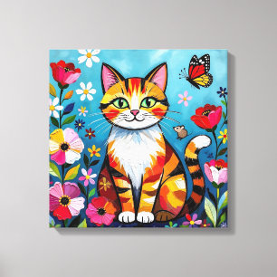 Lienzo Gato Impasto, Flores y Mariposa