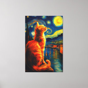 Lienzo Gato Jengibre Contemplativo Cielo Nocturno Estre