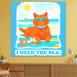 Lienzo Gato Jengibre en la Playa Necesito el Mar Verano