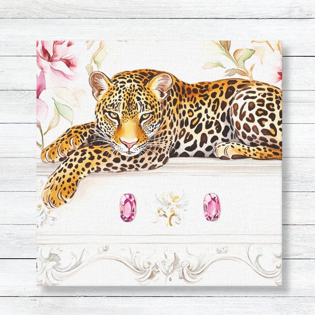 Lienzo Gato leopardo (Lounging Leopard Cat on White Dresser with Roses Canvas Print for Bathroom or Girls room Decor)