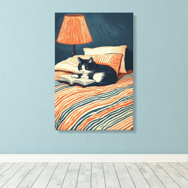Lienzo gato leyendo en la cama (Insitu (piso de madera))