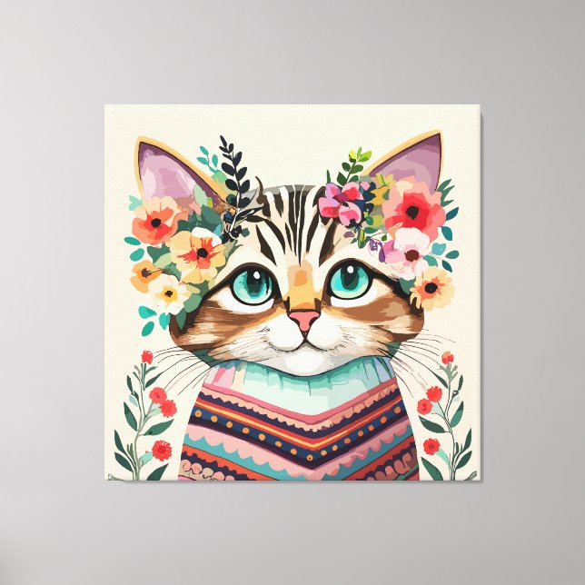 Lienzo Gato Lindo Aquarela Floral (Anverso)
