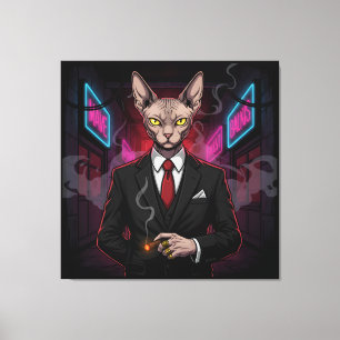 Lienzo Gato Mafia Sphynx en Estilo Neon Noir