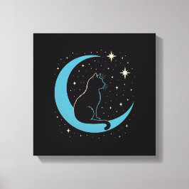 Lienzo Gato Místico en el Cielo Nocturno de Luna Azul