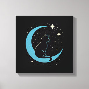 Lienzo Gato Místico en el Cielo Nocturno de Luna Azul