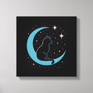 Lienzo Gato Místico en el Cielo Nocturno de Luna Azul