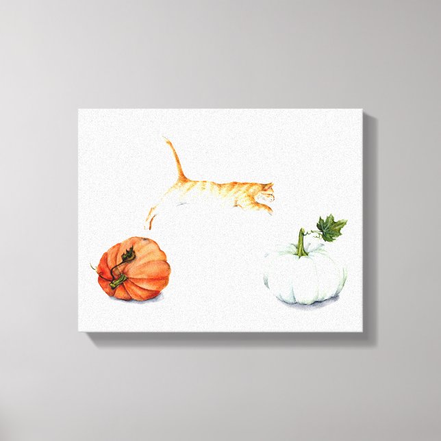 Lienzo Gato naranja saltando entre calabazas (Anverso)