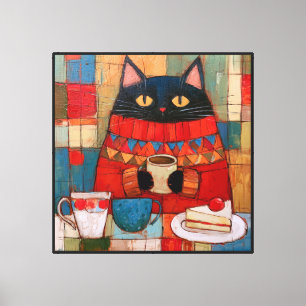 Lienzo Gato negro acogedor bebiendo café en un café