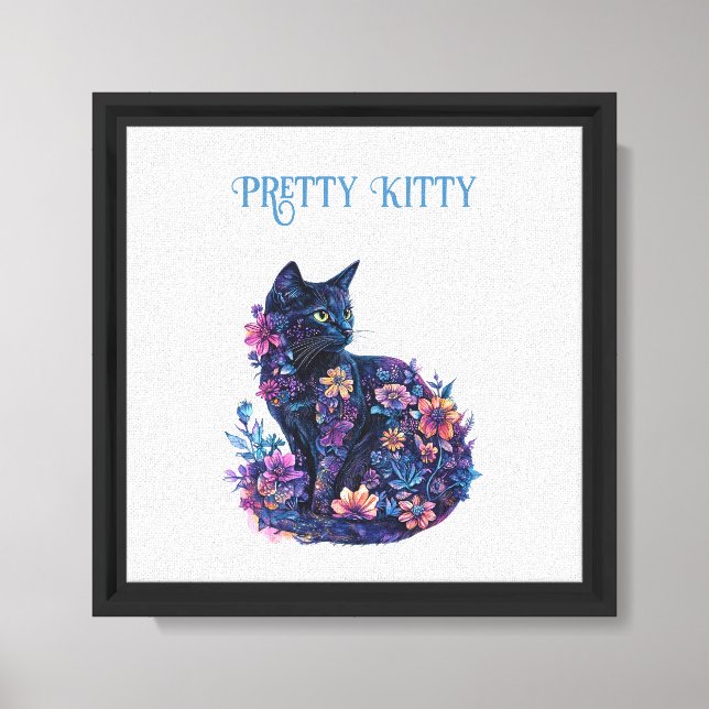 Lienzo Gato negro azul flores gatito bonito (Anverso)