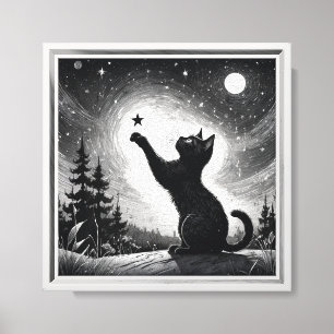 Lienzo Gato negro con cielo con luna 