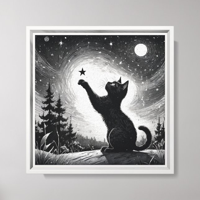 Lienzo Gato negro con cielo con luna  (Anverso)