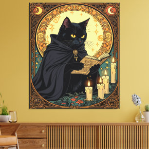 Lienzo Gato negro de Halloween leyendo un libro