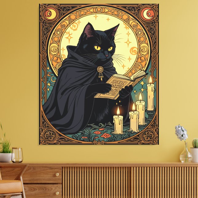Lienzo Gato negro de Halloween leyendo un libro (Insitu (Sala de estar))
