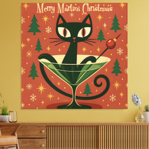 Lienzo Gato Negro de mediados de siglo Martini Navideño A