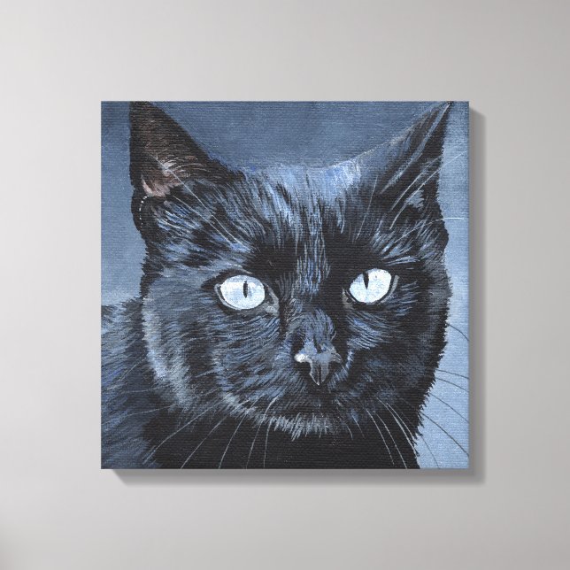 Lienzo Gato negro de ojos azules sobre azul oscuro (Anverso)