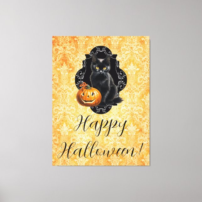 Lienzo Gato negro dulce de Halloween y calabaza (Anverso)