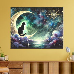 Lienzo Gato Negro en Luna Creciente con Cielo Nocturno Es
