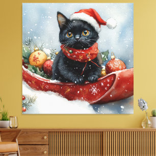 Lienzo Gato Negro en Trineo Deja que Nieve Navidad