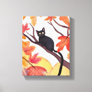 Lienzo Gato Negro en un Árbol   Otoño Espeluznante Lindo