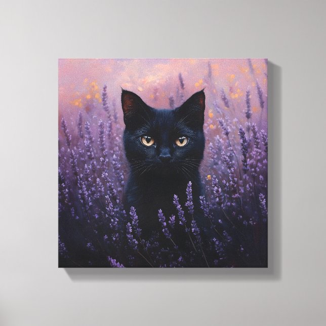 Lienzo Gato negro en un Ilustracion de campo de lavanda (Anverso)