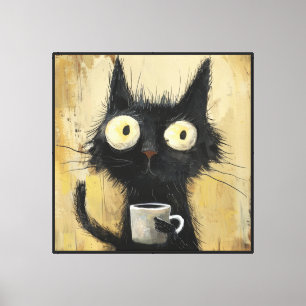 Lienzo Gato negro estresado con café sobre fondo marrón d