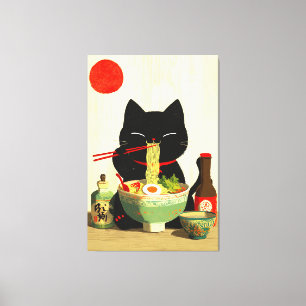 Lienzo Gato negro feliz comiendo ramen Ukiyo-e japonés