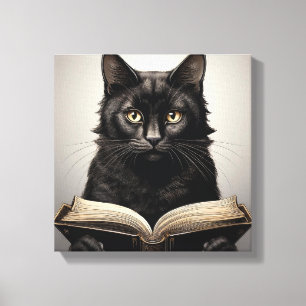 Lienzo Gato negro leyendo un libro antiguo