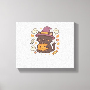 Lienzo Gato negro lindo con Gorra de bruja - Kawaii Hallo