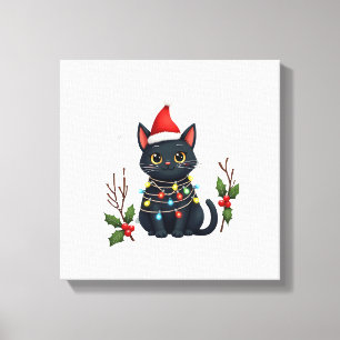 Lienzo Gato Negro Navidad Sombrero de Santa Divertido Gat