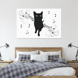 Lienzo Gato negro rodeado de notas susurrantes de música