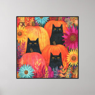 Lienzo Gato negro vigilante, calabazas de otoño