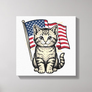 Lienzo Gato Patriótico con Bandera Americana Diseño Vecto