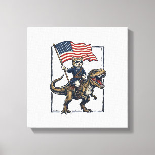 Lienzo Gato Patriótico Montando Dinosaurio Diseño Vector 