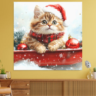Lienzo Gato Persa en Trineo Deja que Nieve Navidad