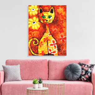 Lienzo Gato retro caprichoso Kitty Floral Amarillo Naranj