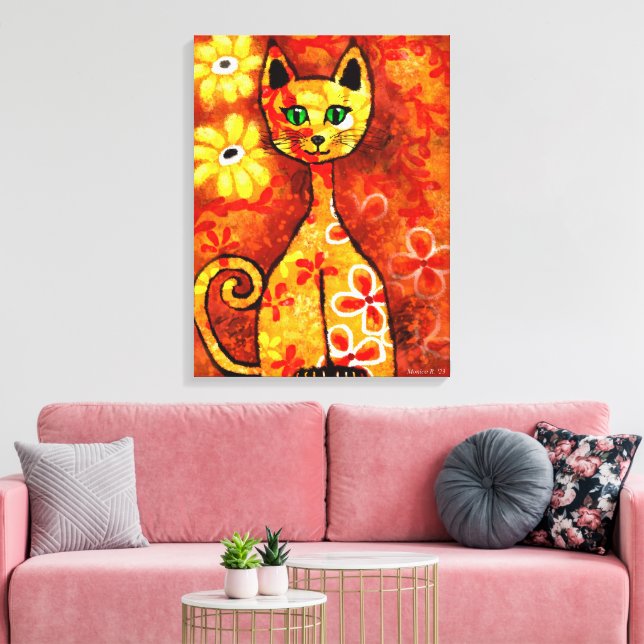 Lienzo Gato retro caprichoso Kitty Floral Amarillo Naranj (Insitu (Sala de estar))