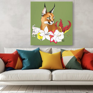Lienzo Gato Salvaje Caracal Floral Verde