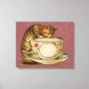 Lienzo Gato Taza de Té Lindo Vintage Victoriano Mascota C
