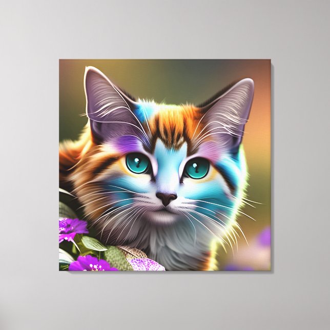 Lienzo gato y flores de calico azul y óxido (Anverso)